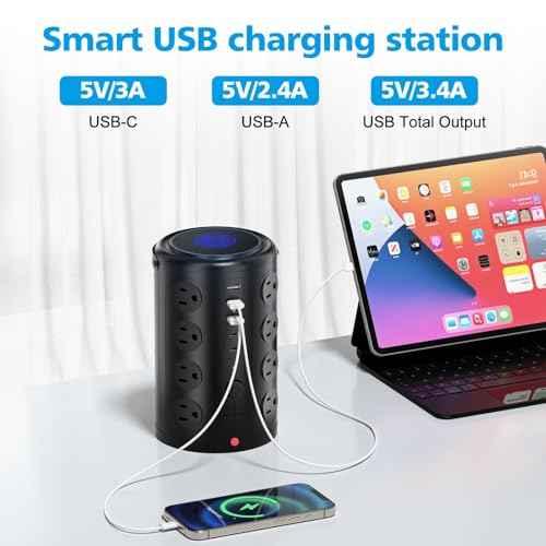 Power Strip Tower Surge Protector with 16 Outlets and 5 USB Ports (2 USB-C), 20FT Extension Cord with Multiple Outlets,Heavy Duty Charging Station,Home Office Dorm Room Essentials.No Wireless Charging