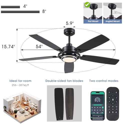 54" Black Ceiling Fans with Lights and Remote,Modern Led Ceiling Fans with Quiet DC Motor, Dimmable 6 Speeds Reversible for Living Room Patio Kitchen