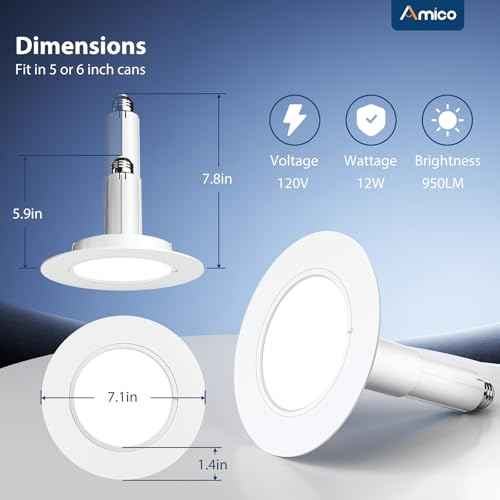 Amico 5/6 inch 5CCT LED Recessed Lighting 6 Pack, 12W=100W, 950LM Adjustable Can Lights, 2700K/3000K/4000K/5000K/6000K Selectable, Dimmable, IC & Damp Rated, Retrofit Installation - ETL & FCC