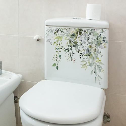 Green Plant Leaves Flowers Toilet Seat Lid Stickers-DIY Removable Waterproof Toilet Sticker for Bathroom Cistern Decor-Green Leaf Floral Toilet Lid Decals 11.8x9.8in