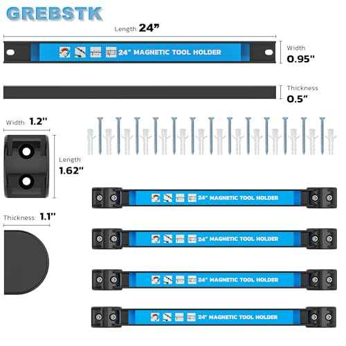 GREBSTK 24 IN Magnetic Tool Holder Strip Heavy Duty Magnetic Tool Bar Metal Tool Organizer Rack with Mounting Screws, 4PCS