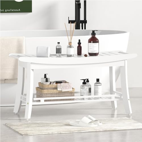 Bamboo Shower Bench Chair Bathroom Shower Stool Seat for Inside Shower Bathtub with Storage Shelf Shower Foot Rest for Shaving Legs 39 x 13 x 19.2 Inches White