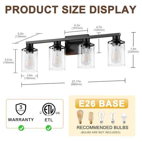 L LOHAS LED 4-Light Bathroom Vanity Lights Over Mirror, 27 Inch Black Bathroom Light Fixtures with Clear Glass Shade, Modern Vanity Lights for Living Room Hallway Bedroom