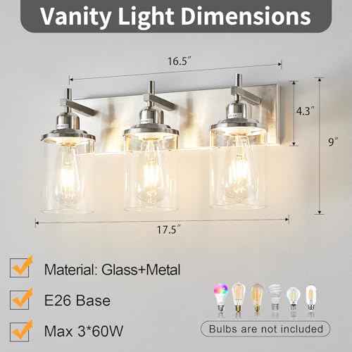 3-Light Brushed Nickel Bathroom Light Fixture Over Mirror Modern Bathroom Vanity Light Vintage Wall Lighting with Clear Glass Shade for Bathroom, Bedroom, Hallway, Cabinet