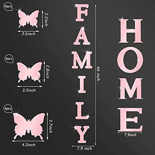 Outus 3D Family Home Sign Letters Living Room Decor Family Rustic Farmhouse Wall Decor Acrylic Mirror Decorative Butterfly Mirror Wall Sticker Decals for Living Room Bedroom Kitchen (Rose Gold)