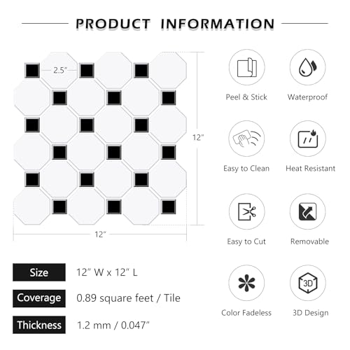 LaCheery 12"x12" Black and White Peel and Stick Backsplash for Bathroom Kitchen Backsplash Tiles Peel and Stick Octagon Peel and Stick Backsplash Tile Waterproof Wall Tiles Sticker Back Splash 4 Tiles