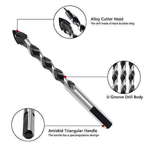 10pcs Masonry Drill Bits Set, 1/8 to 1/2" Concrete Drill Bit Set, Multi-Material Drill Bits for Brick, Tile, Cement, Ceramic, Glass, Plastic, Industrial Strength Carbide Tip with Storage Box