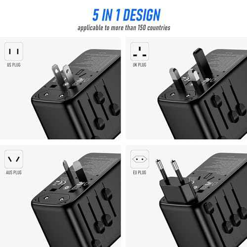 120W Universal Travel Adapter, GaN III International Power Adapter, 4 USB-C 1 USB-A Ports, AC Outlet, Worldwide US/UK/EU/AU Travel Charger for Cameras Laptops Tablets Phones and More