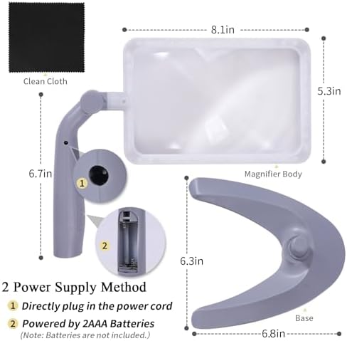 2.5X Magnifying Glass with Light and Stand, Full-Page Desktop Handheld Magnifying Glass with 48 Light for Reading Books Close Work, Powered by USB or Battery