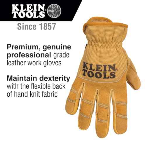 Klein Tools 60608 Work Gloves, All-Purpose Premium Leather Gloves, Abrasion-Resistant, Heavy-Duty, Ideal for Wire Pulling Work, Large