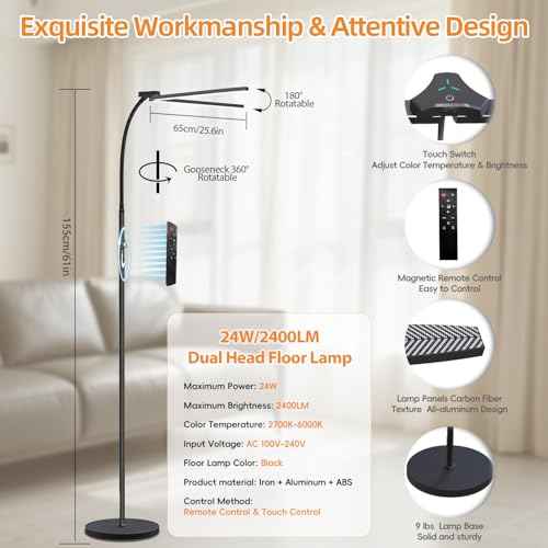 24W/2400LM Dual Head LED Floor Lamp for Office, Ultra Bright Reading Standing Task Lamp, Adjustable Panels with Remote, GooseNeck Lights, Puzzle Light for Tattoo, Piano, Sewing, Lash, Craft