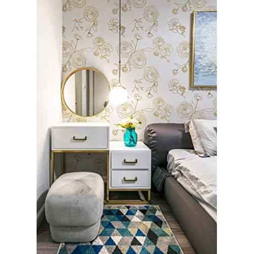 Safiyya 118"x17.3" Peel and Stick Wallpaper Gold and White Contact Paper Rose Floral Wallpaper Self Adhesive Removable Wallpaper for Bedroom Covering Vinyl Rolls