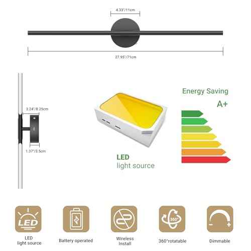Tipace Battery Operated Wall Sconce with Remote Control,Wall Sconces Set of Two,3000K-6000K LED Wall Light for Bedroom,Hallway,Background Wall,350¡ÆRotate,28 Inch,Black(2 Pack)