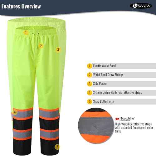 JKSafety Hi-Vis Rain Pants for Men Women Waterproof 3M Scotchlite Reflective Safety Trousers Water-Resistance HV Gears for Farming Fishing Sports Works Inner Mesh Lining (114-YBlk XL)