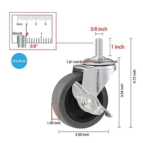 Caster Wheels, 3" Locking Swivel Stem Casters Set with Brake of 16, 3/8"-16 x 1 (Screw Diameter 3/8", Length 1") Rubber Casters with 360 Degree No Noise Wheels