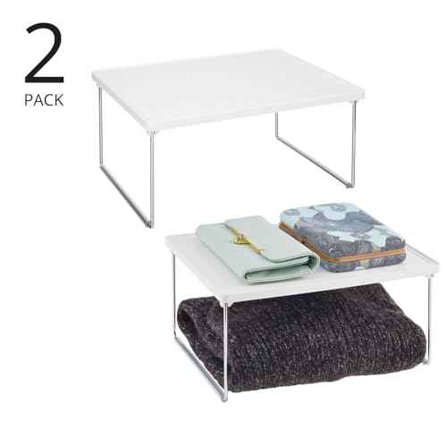 mDesign Metal Stacking Storage Organization for Shelves Inside Closet in Bedroom, Bathroom, Hall, or Entryway - Organizer Stand for Clothing, Linen, Household Items, Ligne Collection, 2 Pack, White