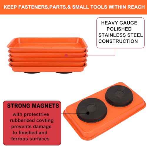 5 PCS Magnetic Trays, 9.4X5.5x1.4Inch, Magnet Tool Tray, Magnetic Parts Tray, orange, by GENHAKON