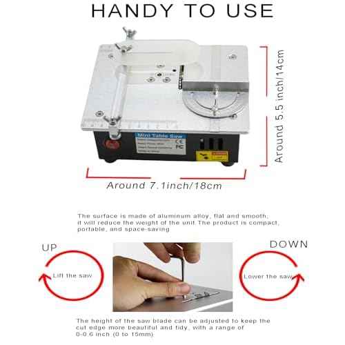 Mini Table Saw, RTOVZON 96W Mini Desktop Electric Saw Cutter 7.1"x5.5", Cut Thickness Adjustable Precision Craft Table Saw with Speed & Angle Adjust 4* Blades, Available for Wood/PCB/Acrylic/Plastic
