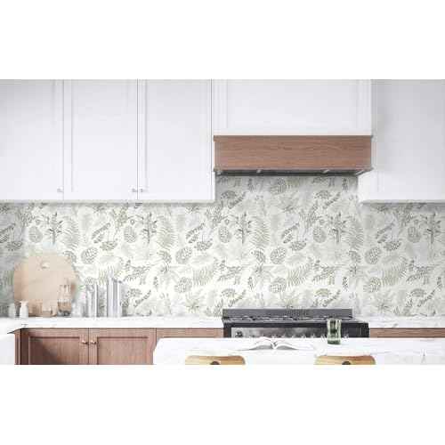 Wallpaper Peel and Stick White and Green Leaf Floral Contact Paper for Bedroom Kitchen Cabinet Drawers Renter Friendly Removable Self-Adhesive Waterproof Boho Stripe Mural Vinyl 17.3"x118"