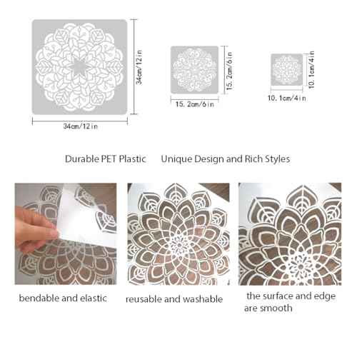 9 Pack Mandala Stencils for Painting,Reusable Paint Drawing Templates for Painting on Wood Floor Wall Canvas Tile Fabric,Creative Mandala Stencils for DIY Art Projects & Home Decor (12 inch)