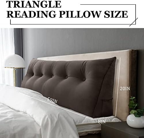 11 lbs Thickened Queen Wedge Pillow Headboard Body Positioner Bed Wedge Pillow Backrest Support Triangular Headboard Cushion with Side Pocket Velvet Positioning Support Coffee