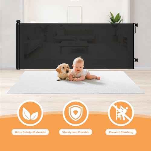 Retractable Baby Gates for Stairs, 55" Wide Mesh Baby Gate for Doorways, 34" Tall Dog Gate Suitable for Baseboards, Wide Child Gate for Hallways, Kitchen, Deck, Indoor & Outdoor, Black
