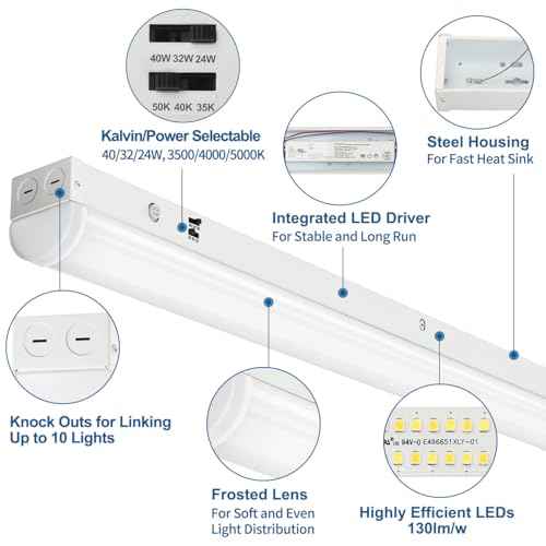 DAKASON 4FT LED Linear Light Fixture, 4 Foot LED Shop Lights 40/32/24W 35/40/5000K CCT Selectable, 4Feet Commercial Bay Lighting Fluorescent Tube Replacement for Office Garage 1 Pack