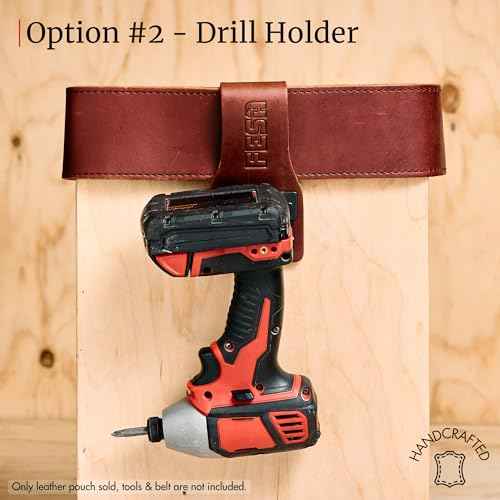 FESA Leather Tape Measure Holder for Belt with Steel Clip & Reinforced Heavy Duty Rivets - Leather Drill Holder for Tool Belts up to 3" Wide - Handcrafted