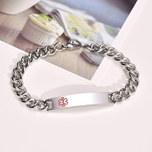 VNOX Medical Alert ID Bracelet - Mens Womens Stainless Steel ID Tag Medical Alert Emergency Bracelet,7.2/8/8.4 Inches