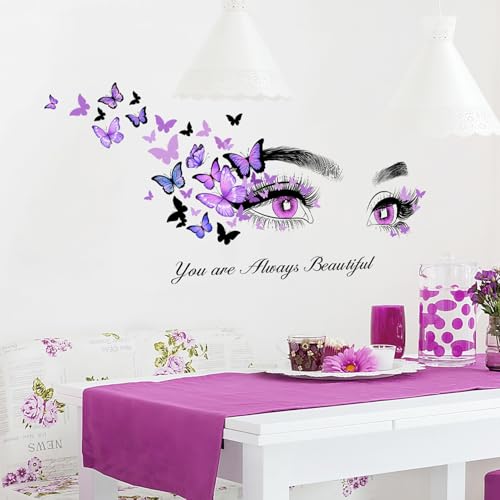 Beautiful Eyelash Eyes Wall Stickers, Purple Flying Butterfly Peel and Stick Wall Decals, Bedroom Living Room Sofa TV Background Art Wall Decor