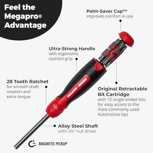 Megapro Automotive Screwdriver Set | One Multi-Bit Screwdriver with ¨ù¡± Hex Shaft | Phillips, Torx | Compact Automotive Bit Set (Ratcheting)