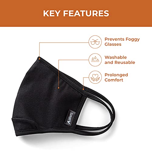 Allett Face Mask, Black | 2 Pack | Made of Cotton, Built in Polypropylene Filter | Soft Earloops, Washable, Reusable | With Nose Wire & Chin Gusset | For Adults