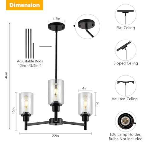 9MMML Farmhouse 3-Light Glass Chandelier, Modern Black Chandelier for Kitchen, Dining Room, Living Room, Foyer, E26 Bulb Base