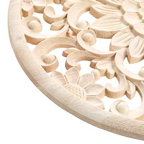 MUXSAM Round Wood Carved Onlays Appliques, Unpainted Clear Carved Wooden Carvings Center Decals for Closet Door Cabinet Drawer Wall Ceilling Dresser Wardrobe Furniture DIY Decor(2-Pack, 10cm/3.9")