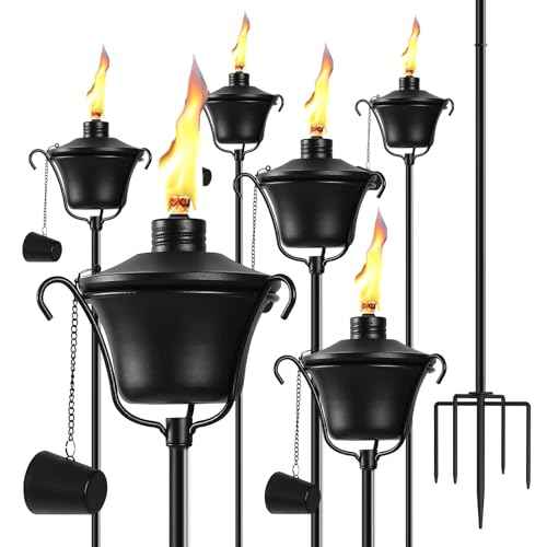 6 Pack Outdoor Garden Torch, 15 oz Outdoor Citronella Torches, 58 Inch 5-Prong Grounded Stake Torches, Metal Torches with Fiberglass Wick for Yard, Patio, Deck, Garden, Party, Landscape