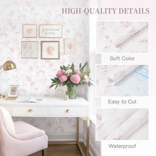 Dimoon 78.7"x17.3" Pink Wallpaper Floral Contact Paper Peel and Stick Wallpaper White Vintage French Country Renter Friendly Bathroom Boho Flower Removable Wall Paper Kitchen Self Adhesive Vinyl Roll