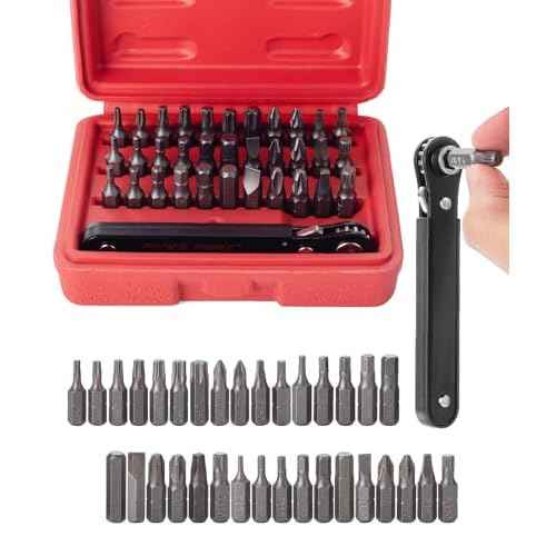 Bates Choice Mini Ratchet Set, 34 pcs, Cr-V Steel, 1/4" Low Profile Right Angle Screwdriver, 1/4 Bit Set, Red Storage Box, Screwdriver Bit Sets