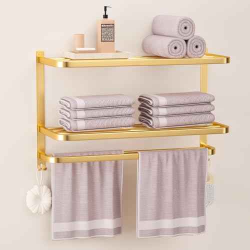 DDS-DUDES 23 Inch 3-Tier Gold Towel Racks for Bathroom with Towel Bars Multilayer Hotel Towel Shelf Stainless Steel Wall-Mounted Brushed Finish Holder with Towel Shelves