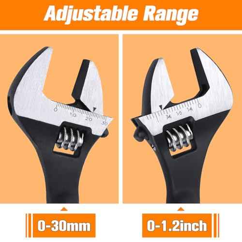 8-Inch Adjustable Spud Wrench Black Oxide Construction Wrench with SAE and Metric Scale Marked for Up to 30mm Nuts and Bolts, Alignment Holes and Tail Crowbar Features