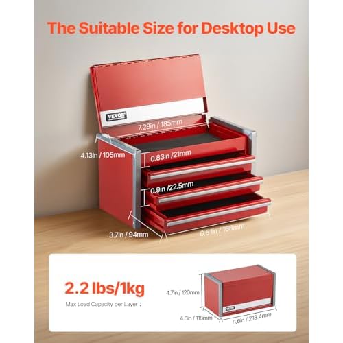VEVOR Metal Tool Box, 8.6-inch, Portable Metal Tool Box with 3 Drawers, Small Tool Chest with EVA Liners and PP Feet Pads, Heavy-Duty Steel With Ball Bearing Opening and Powder Coated Finish, Red