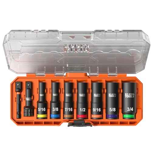 Klein Tools 65109IMPCT KNECT Deep-Well 3/8-Inch Drive Impact Socket Set, SAE, 9-Piece Tool Set with Impact Driver Adapter, Multi-Purpose Wrench Adapter, Color-Coded, MODbox Socket Organizer