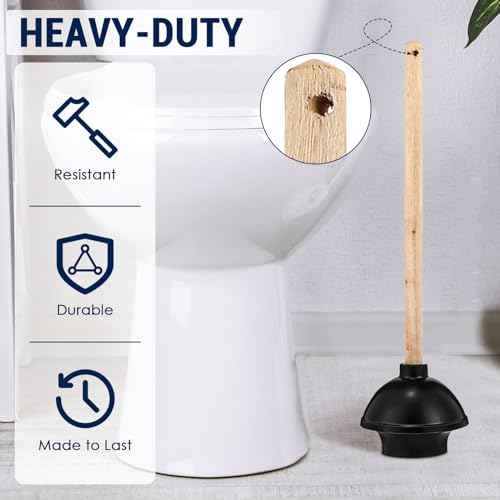 Dandat 6 Pcs Rubber Toilet Plunger with Double Thrust Force Suction Cup Long Wooden Handle Toilet Bowl Plunger Heavy Duty Pump Clogged Solution for Bathroom Stores Restaurants, Black