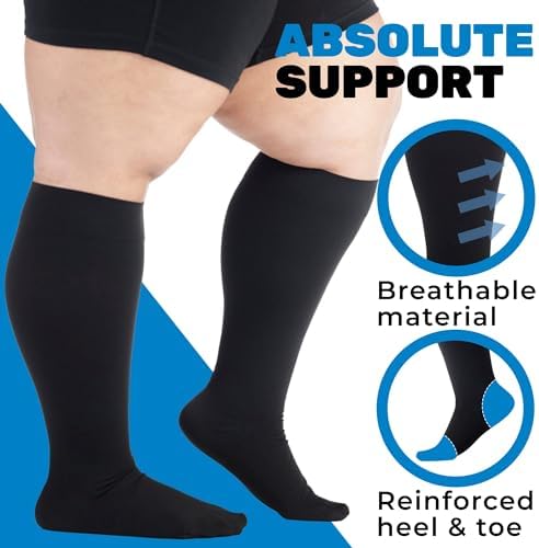 ABSOLUTE SUPPORT (3 Pairs) Wide Calves Graduated Support Opaque Compression Knee High Socks for Men & Women 20-30mmHg | For Fatigue, Leg Pain, Edema, Varicose Veins - Black, 6X-Large - A501BL9-3