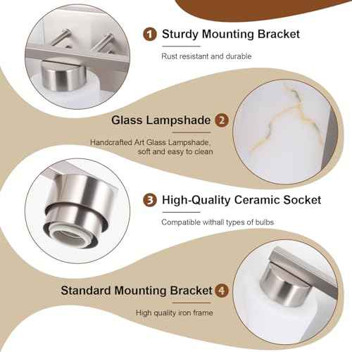 3-Light Bathroom Light Fixtures, Modern Vanity Lights, Brushed Nickel Metal Wall Lamp with White Marble Glass for Bathroom, Mirror, Living Room, Bedroom, Cabinet, Porch, Hallway, E26 Base