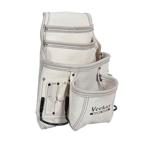VEEKAY 10 Pockets Men Resin Finish/Oil Tanned Leather Tool Pouch White and Brown Bags Fastener Carpenter's Nail, Tool Heavy Duty Steel Hammer Loop, Belt Loop for Electrician Technician Installers