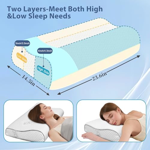 Memory Foam Pillows - Cervical Neck Pillow for Pain Relief, Ergonomic Side Sleeper Pillow for Sleeping, Orthopedic Contour Neck Pillows for Neck and Shoulder Pain with Cooling Pillowcase, Cream