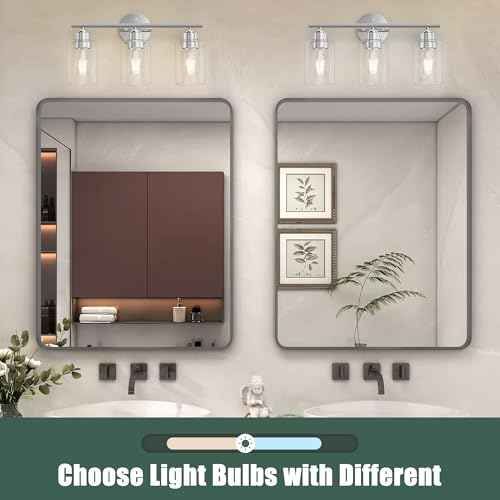 Espird Bathroom Vanity Light Fixtures Polished Chrome Bathroom Lighting Fixture, 3 Lights Bathroom Light Fixture Over Mirror, Modern Black Vanity Light, Wall Sconces with Glass Shades