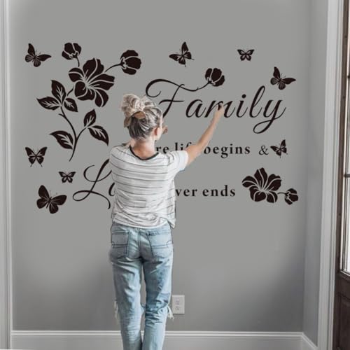 Family Wall Decor Stickers, Black Floral Quote Wall Decal Vinyl Sticker for Living Room, Bedroom, Kitchen, Dining, Office, Glass Surface