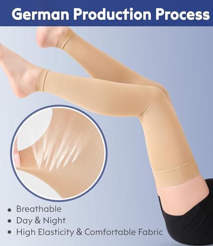 KEKING Thigh High Compression Stockings Footless, Unisex, 15-20mmHg Leg Support Compression Sleeves with Anti-Slip Silicone Band, Opaque, Treatment Swelling, Varicose Veins, Edema, DVT, Beige 5X-Large