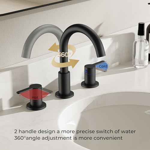 8 inch Bathroom Sink Faucet, Matte Black Bathroom Faucet with Aerator, 360¡Æ Swivel High Arc Spout, cUPC NSF Certified, CEC & DOE Compliant with Pop-Up Drain Assembly